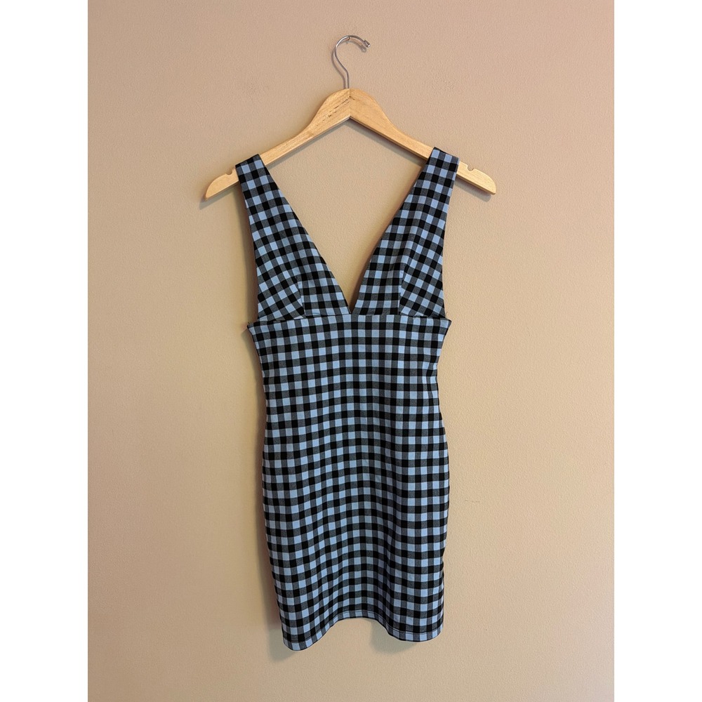 French Kiss Blue Black Gingham V-Neck Mini Dress Sleeveless Bodycon Small